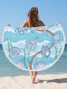 1pc Starfish & Shell Pattern Beach Towel, Microfiber Round Fringe Trim Travel Beach Towel For Swimming, Diving, Summer - Baby Blue - View 2