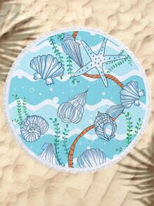 1pc Starfish & Shell Pattern Beach Towel, Microfiber Round Fringe Trim Travel Beach Towel For Swimming, Diving, Summer - Baby Blue - View 4