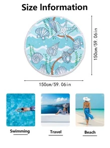 1pc Starfish & Shell Pattern Beach Towel, Microfiber Round Fringe Trim Travel Beach Towel For Swimming, Diving, Summer - Baby Blue - View 6