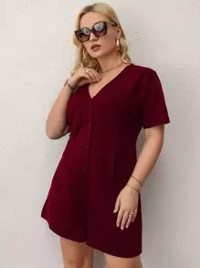 SHEIN LUNE 大碼素色前紐扣連身短褲 - 酒紅色 - 查看 3