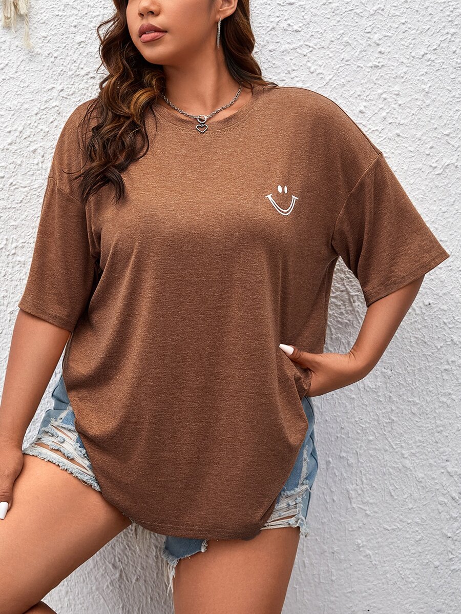 CovetEZ Camiseta de hombros caídos con estampado de dibujos animados - Óxido marrón - Ver 1