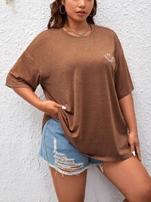 CovetEZ Camiseta de hombros caídos con estampado de dibujos animados - Óxido marrón - Ver 5