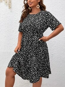 SHEIN Clasi 大碼斑點印花A字連衣裙 - 黑色 - 查看 3