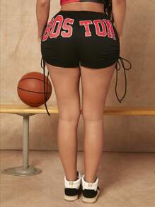 SHEIN SXY Letter Graphic Drawstring Side Shorts - Black - View 4