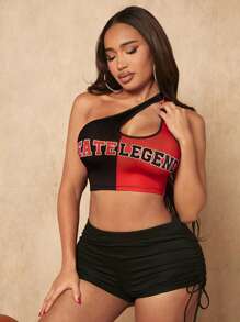 SHEIN SXY Letter Graphic Drawstring Side Shorts - Black - View 7