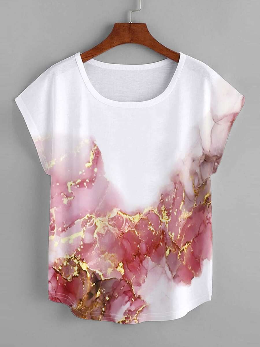 Mulvari Plus Graphic Print Batwing Sleeve Curved Hem Tee - White - View 1