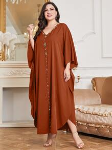 Al Najma Plus Rhinestone Detail Batwing Sleeve Dress Kaftan Jalabiya Dress - Orange - View 1