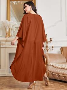 Al Najma Plus Rhinestone Detail Batwing Sleeve Dress Kaftan Jalabiya Dress - Orange - View 2