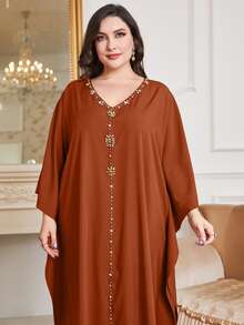 Al Najma Plus Rhinestone Detail Batwing Sleeve Dress Kaftan Jalabiya Dress - Orange - View 3