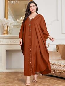 Al Najma Plus Rhinestone Detail Batwing Sleeve Dress Kaftan Jalabiya Dress - Orange - View 4