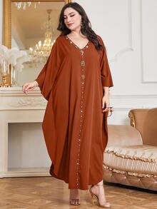 Al Najma Plus Rhinestone Detail Batwing Sleeve Dress Kaftan Jalabiya Dress - Orange - View 5