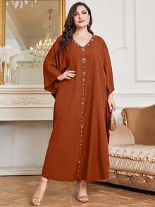 Al Najma Plus Rhinestone Detail Batwing Sleeve Dress Kaftan Jalabiya Dress - Orange - View 6