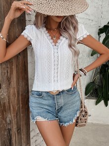 SHEIN Frenchy Áo sơ mi nữ Tương phản ren Tranh thêu màu trơn Boho - trắng - Xem 5