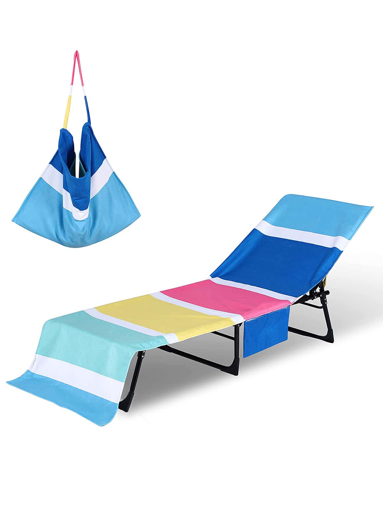 1入組套撞色沙灘椅套帶口袋超細纖維沙灘椅毛巾適用於泳池日光躺椅日光浴度假 - 彩色 - 查看 1