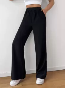 EURMUSE Solid Wide Leg Trousers - Black - View 3
