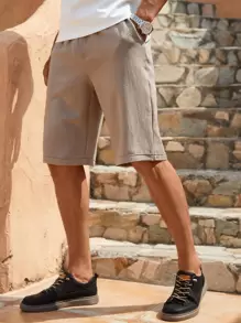 Manfinity Homme Men Slant Pocket Drawstring Waist Shorts Crochet Sweat Linen Cool Nice Plain Khaki Going Out Vintage Family Matching