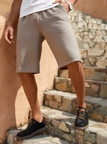 Manfinity Homme Men Slant Pocket Drawstring Waist Shorts Crochet Sweat Linen Cool Nice Plain Khaki Going Out Vintage Family Matching