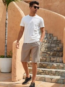 Manfinity Homme Men Slant Pocket Drawstring Waist Shorts Crochet Sweat Linen Cool Nice Plain Khaki Going Out Vintage Family Matching