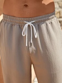 Manfinity Homme Men Slant Pocket Drawstring Waist Shorts Crochet Sweat Linen Cool Nice Plain Khaki Going Out Vintage Family Matching