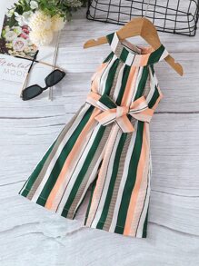 Baby Striped Print Belted Halter Jumpsuit - Multicolor - View 1