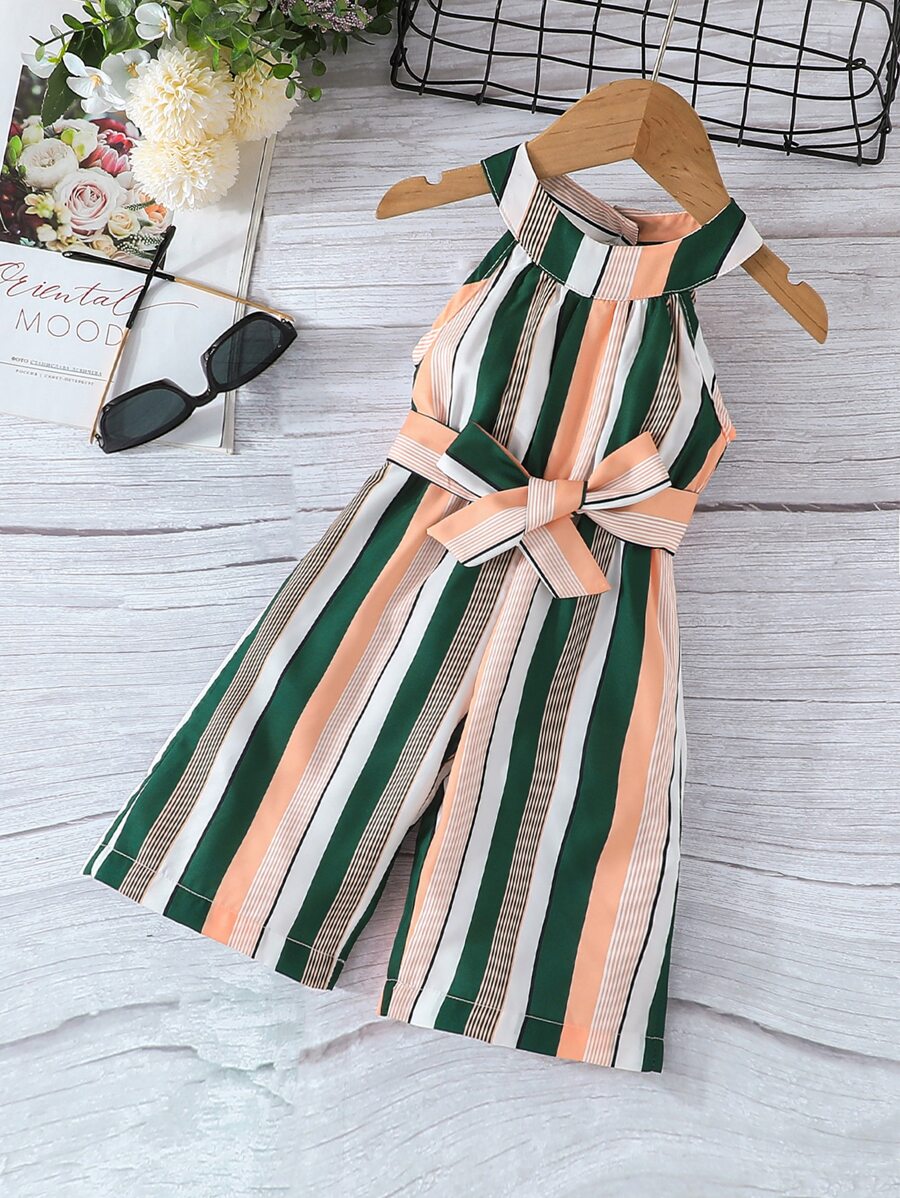 Baby Striped Print Belted Halter Jumpsuit - Multicolor - View 1