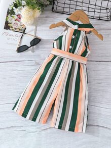 Baby Striped Print Belted Halter Jumpsuit - Multicolor - View 2