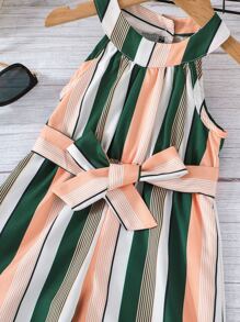 Baby Striped Print Belted Halter Jumpsuit - Multicolor - View 3