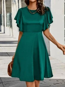 SHEIN Clasi Solid Butterfly Sleeve A-line Dress - Dark Green - View 1