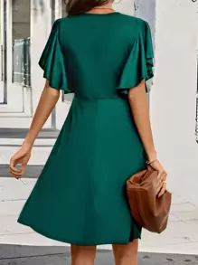 SHEIN Clasi Solid Butterfly Sleeve A-line Dress - Dark Green - View 2