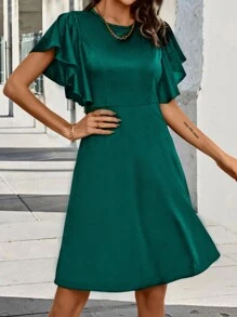 SHEIN Clasi Solid Butterfly Sleeve A-line Dress - Dark Green - View 3
