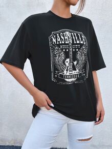 SHEIN Unity 吉他和字母圖案落肩T恤 - 黑色 - 查看 4