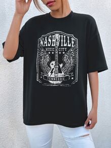 SHEIN Unity 吉他和字母圖案落肩T恤 - 黑色 - 查看 5