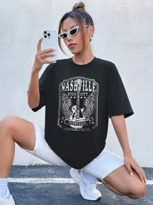 SHEIN Unity 吉他和字母圖案落肩T恤 - 黑色 - 查看 6