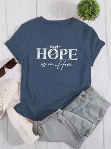 SHEIN LUNE Slogan Graphic Tee Hy vọng của tôi là ở anh ấy - Màu xanh hải quân - Xem 1