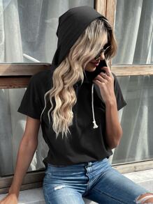 SHEIN LUNE Solid Drawstring Hooded Tee - Black - View 1