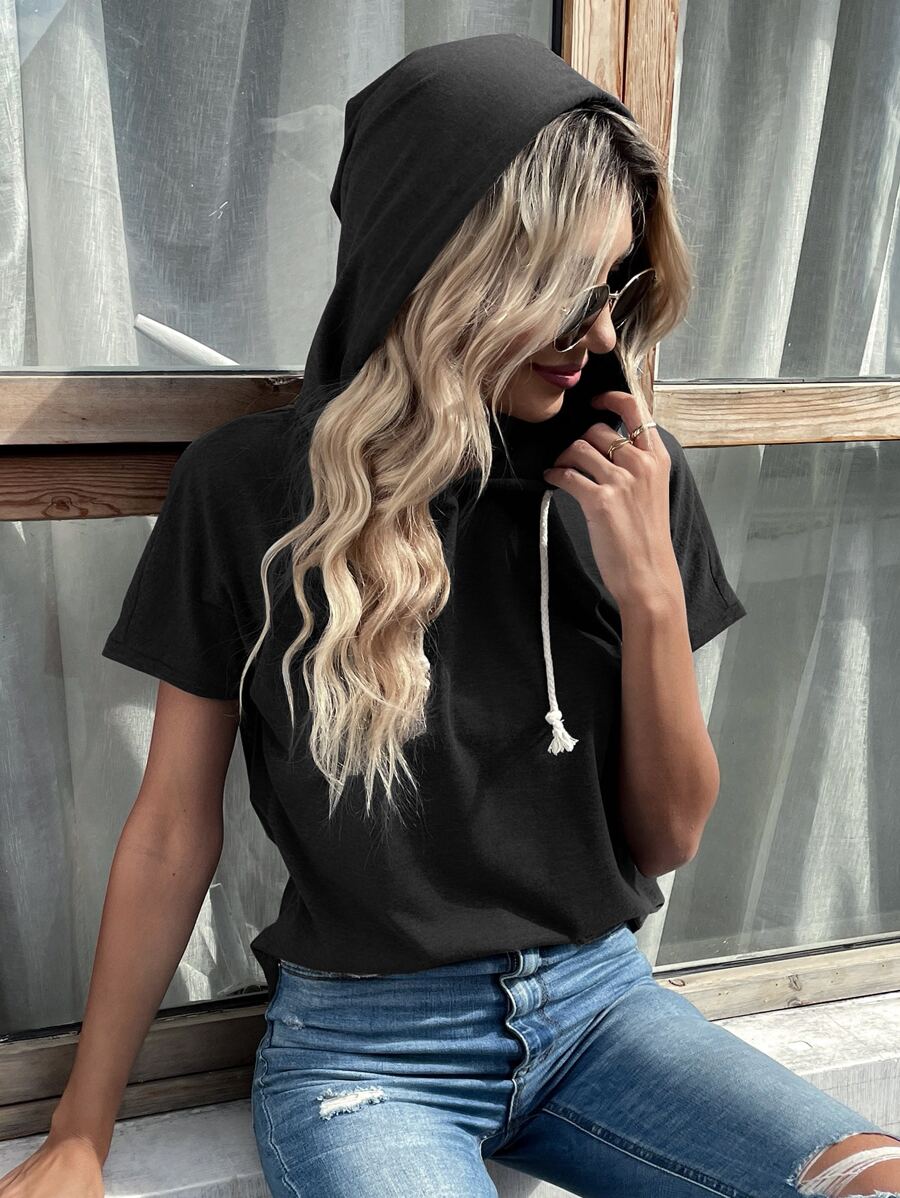 SHEIN LUNE Solid Drawstring Hooded Tee - Black - View 1