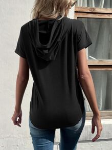 SHEIN LUNE Solid Drawstring Hooded Tee - Black - View 2