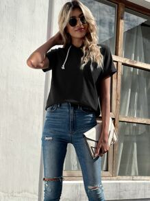 SHEIN LUNE Solid Drawstring Hooded Tee - Black - View 4