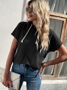 SHEIN LUNE Solid Drawstring Hooded Tee - Black - View 5