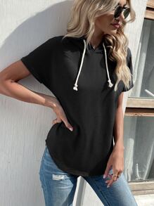 SHEIN LUNE Solid Drawstring Hooded Tee - Black - View 6
