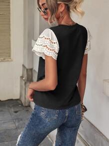 SHEIN LUNE Contrast Schiffy Butterfly Sleeve Tee - Black - View 2
