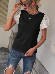 SHEIN LUNE Contrast Schiffy Butterfly Sleeve Tee - Black - View 3