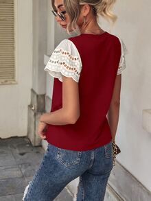 SHEIN LUNE Contrast Schiffy Butterfly Sleeve Tee - Red - View 2