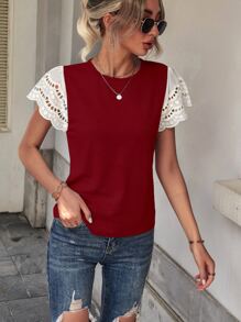 SHEIN LUNE Contrast Schiffy Butterfly Sleeve Tee - Red - View 3