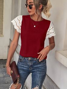 SHEIN LUNE Contrast Schiffy Butterfly Sleeve Tee - Red - View 5