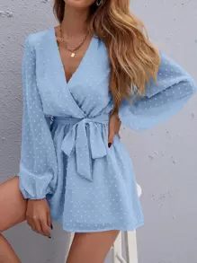 SHEIN LUNE 圓點圍裹胸襟腰帶雪紡連身短褲 - 淺藍色 - 查看 1