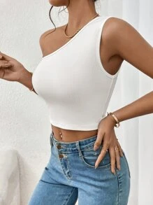 SHEIN Unity Women's Solid Color Hollow Asymmetric Neckline Fashionable Sleeveless Top - White - View 5