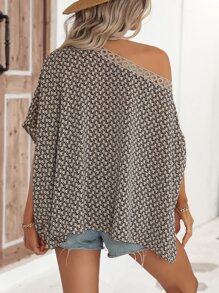 SHEIN LUNE Allover Print Asymmetrical Neck Batwing Sleeve Blouse - Khaki - View 2