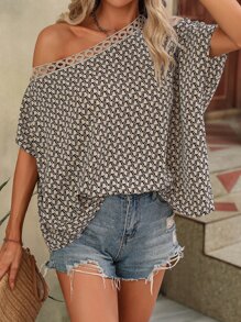 SHEIN LUNE Allover Print Asymmetrical Neck Batwing Sleeve Blouse - Khaki - View 6