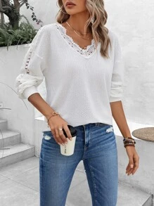 SHEIN Frenchy Guipure Lace Trim Drop Shoulder Sweatshirt - White - View 1